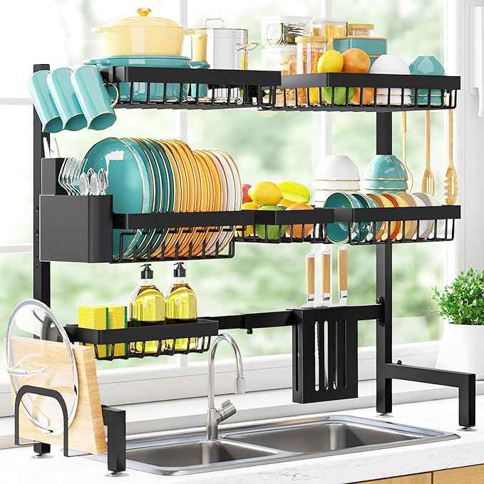 Over The Sink Dish Drying Rack - Adjustable 3 Tier XX-Large Capacity Stainless Steel Drainer with Cutlery & Utensil Holders, Kitchen Storage & Organization, 31.5"-39.5"L x 12"W x 30.5"H, Black
