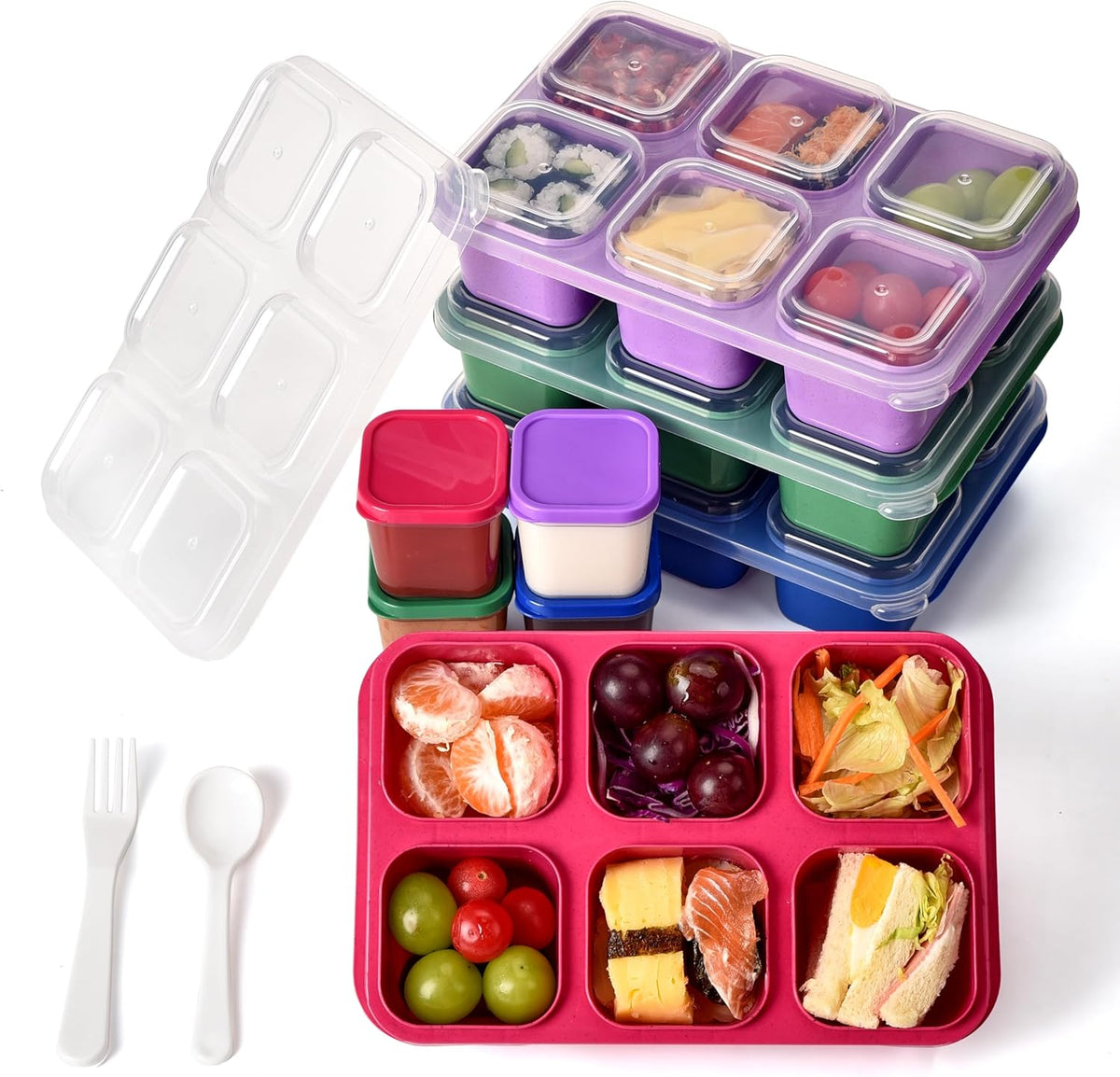 4-Pack Leakproof Bento Box & Snack Containers for Kids & Adults | 6-Compartment with 4 Sauce Cups | Ideal for School, Office, Picnic & Travel (38oz/1100ml) (Pink/Blue/Purple/Green)