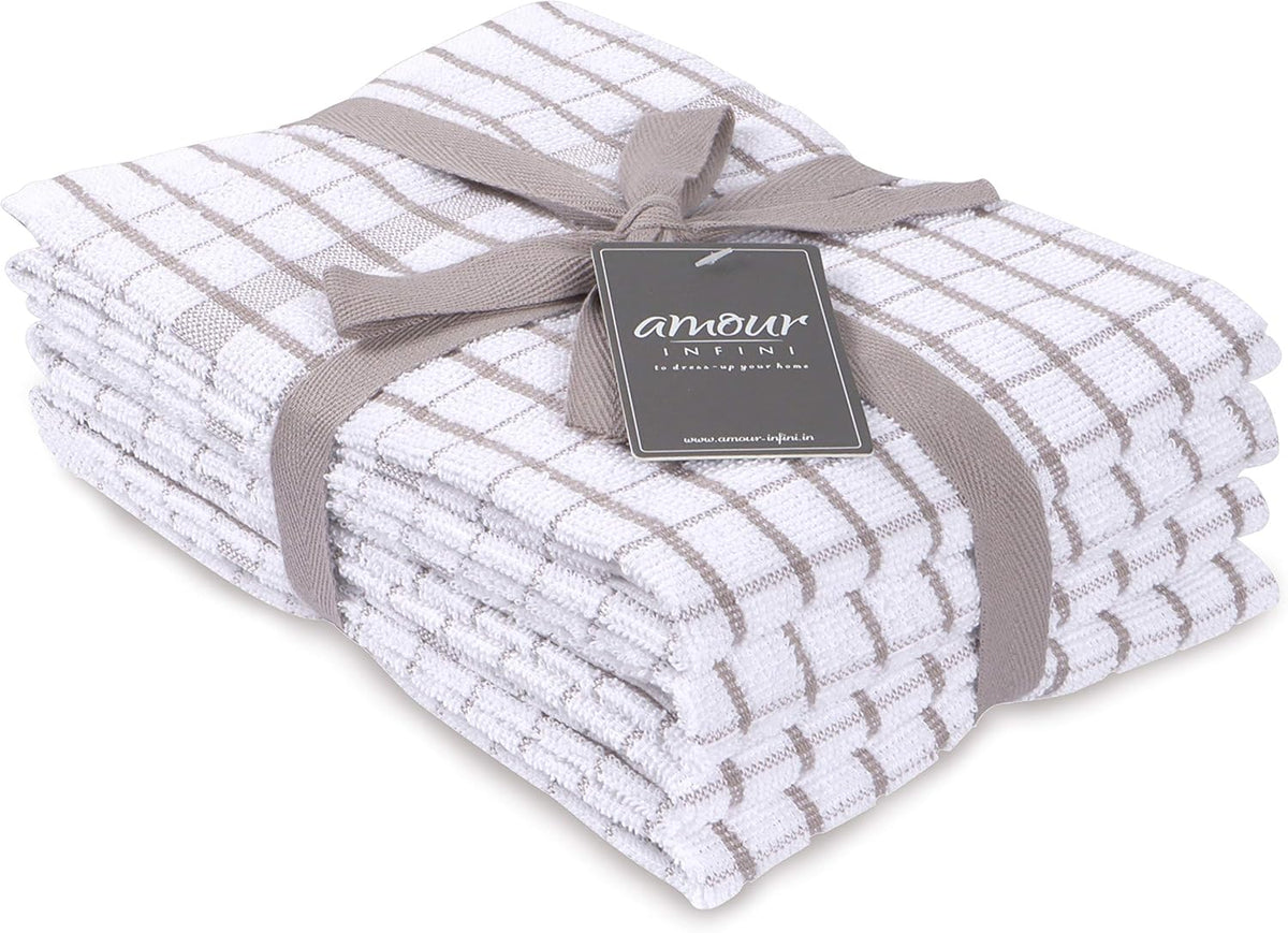 AMOUR INFINI Kitchen Towels Set of 4 - Highly Absorbent, Super Soft Terry Cotton 20x28 Inch Dish Towels with Hanging Loop - Hand & Tea Towels for Cleaning & Drying Dishes (Beige)