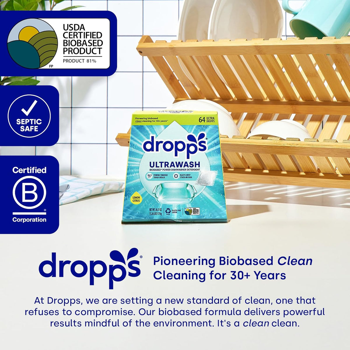 Dropps UltraWash Dishwasher Pods, Unscented (32 Count) - Biobased Power Deep Clean Dishwasher Detergent Tablets for Sparkling Shiny Dishes - No Rinse Aid or Pre-Wash Needed - Dishwashing Pods