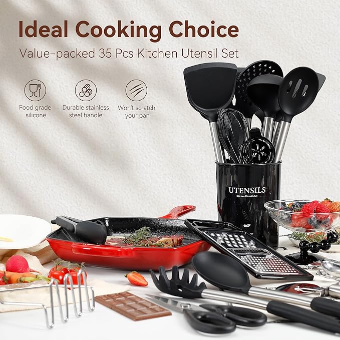 Silicone Cooking Utensils Set, NCUE 35 Pcs Kitchen Utensils Set with Holder, with Stainless Steel Handle Spatula Set, Spoons, Pasta Server, Cheese Grater, Masher, Scissors, Dishwasher Safe (Black)