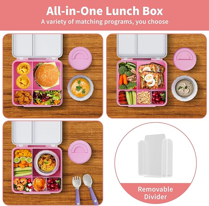 Bento Box for Kids with Thermo Food Container (9oz), 4-Compartment Lunch Box, Adjustable Divider, Leakproof Bento Lunch Box, Includes Utensils & Carry Bag for School, Office(White-Horse)