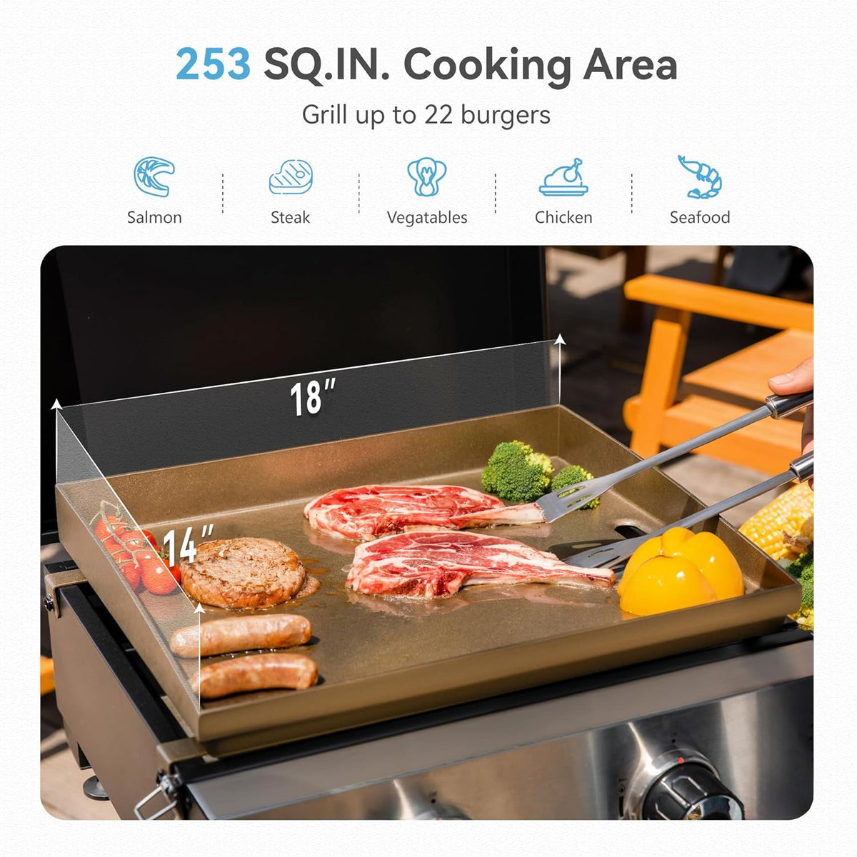 GREEN PARTY 2 Burner BBQ Propane Gas Griddle with Collapsible Stand, 18 Inch Portable Griddle with Side Table & 253 Sq. In. Cooking Area, Flat Top Gas Grill for Outdoor Cooking Garden Patio Backyard