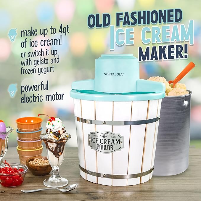Nostalgia Electric Ice Cream Maker – Parlor Style, Old Fashioned Soft Serve Ice Cream Machine Makes Frozen Yogurt or Gelato in Minutes - Fun Kitchen Appliance – White - 4 Quart