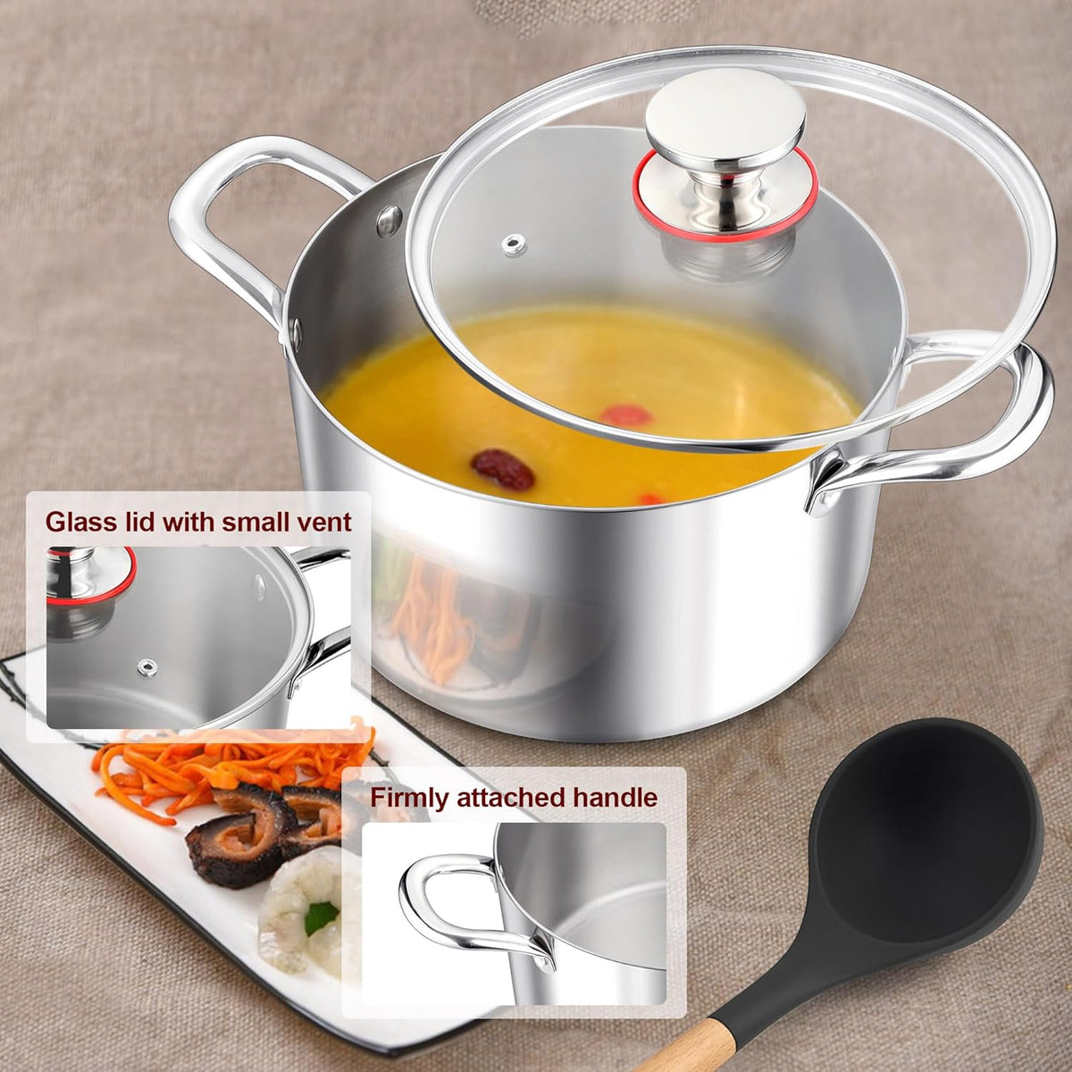 E-far 5 Quart Stock Pot with Lid, 18/10 Tri-ply Stainless Steel Stockpot for Induction Ceramic Gas Stoves, Heavy Duty Cooking Pot for Pasta Soup Stewing Simmering, Oven and Dishwasher Safe