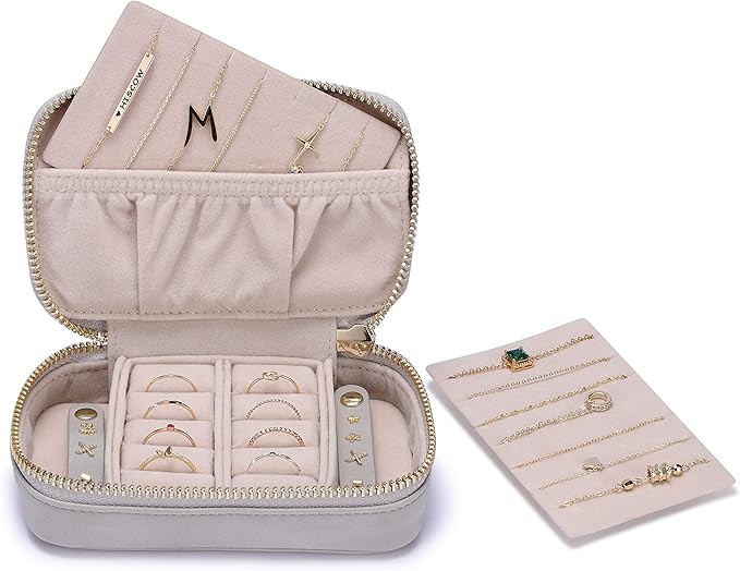 HISCOW Vegan Leather Travel Jewelry Case with Zipper - Portable Necklace & Earring Holder Organizer for Women Girls, Velvet-Lined Ring Box with Anti-Tarnish Design, Stone