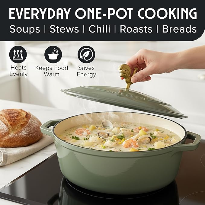 MUELLER HOME 5.5 Quart Enameled Cast Iron Oval Dutch Oven w Rooster Knob & Cotton Potholders, Heavy-Duty Cookware, Oven-Safe up to 500° F & Across All Cooktops, Gifts for Grandma & Women, Thyme Green