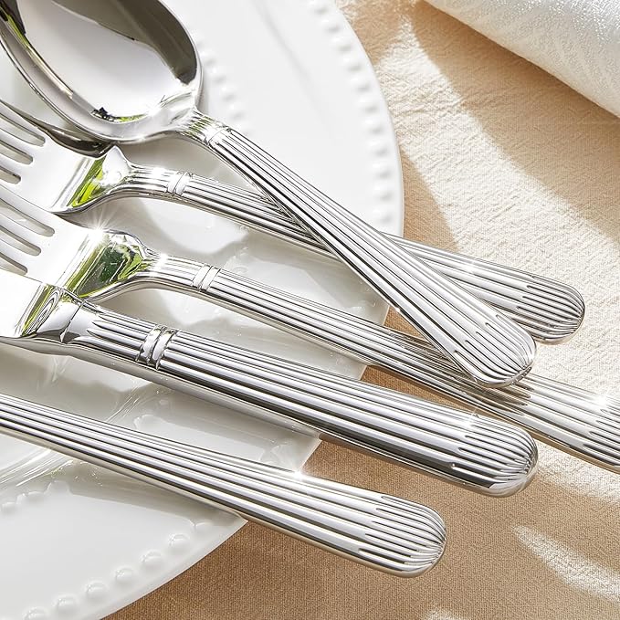 KINGSTONE 10-Piece Silverware Set, 18/10 Stainless Steel Flatware Set - Luxury Elegant Striped Cutlery with Dishwasher Safe, Durable for Family Dining, Catering, Weddings, Anniversaries Gift