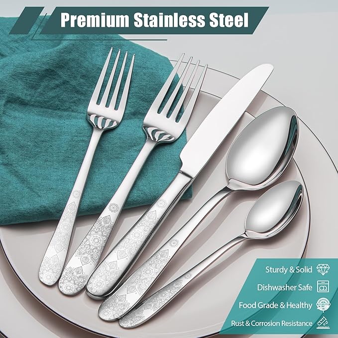 40 Piece Flatware Set, Service for 8, EIUBUIE Premium Stainless Steel Cutlery Set, Mirror Polished Silverware Sets with Pattern Handle, Modern Kitchen Eating Utensils Sets
