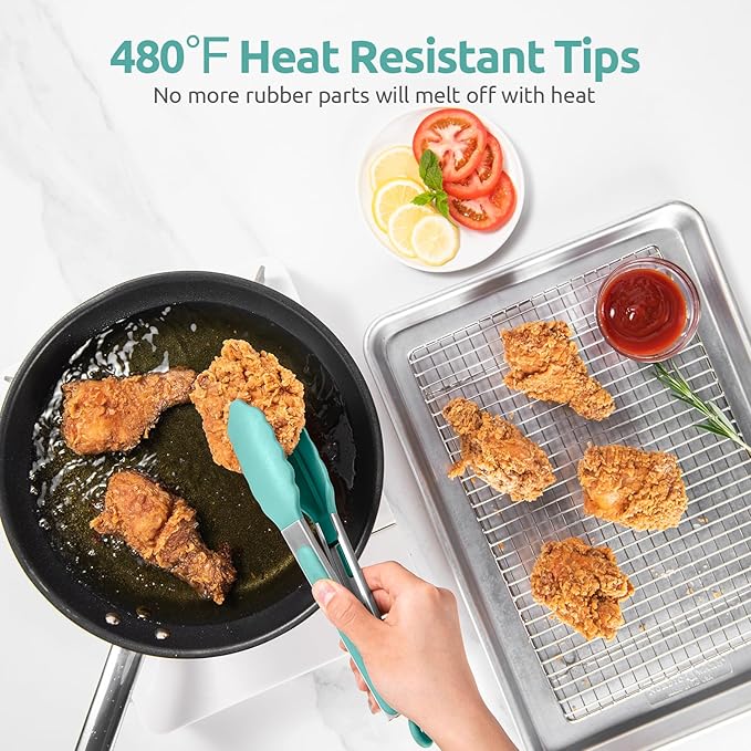 Heat Resistant Silicone Kitchen Tong: U-Taste 9 inch 480ºF Hot Proof Cooking Tong with Firm Sealed Non Stick Rubber Tips & Silicon Coated Steel Handle & Smooth Locking for Serving Grill Salad-Aqua Sky