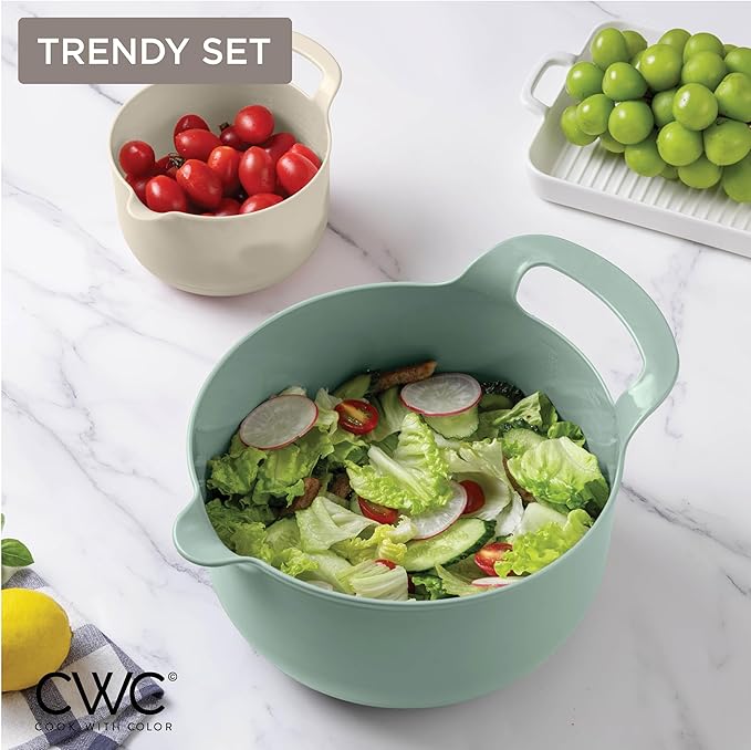 COOK WITH COLOR Nesting Plastic Mixing Bowl Set with Pour Spouts and Handles, Mint, 6 Piece Non-Slip