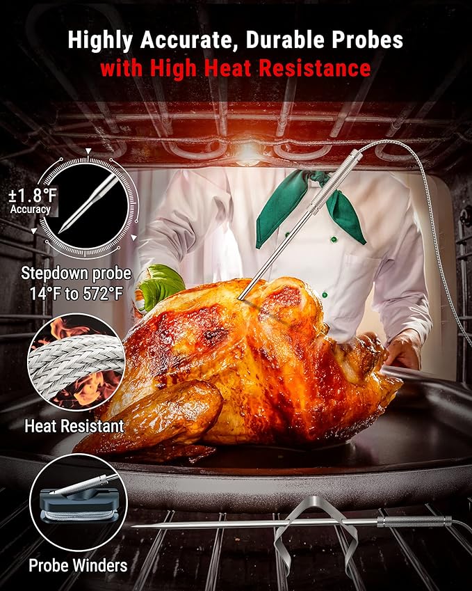 ThermoPro TP826 500FT Wireless Meat Thermometer, Dual Meat Probe Cooking Thermometer with HI/Low Alert, Food Grill Temperautre probe, Outdoor Fryer Accessories for BBQ, Smoker, Oven, Grilling Gift
