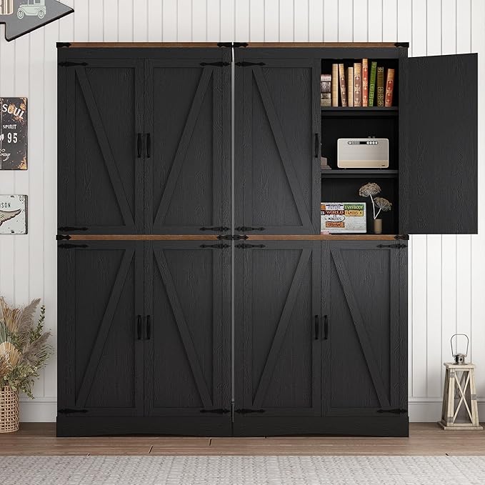 71in Farmhouse Kitchen Pantry Cabinet,Tall Storage Cabinet with 4 Doors and Adjustable shelves,with Load-Bearing Steel Pipe,Wood Storage Cabinets for Kitchen,Dining Room,Bathroom(Black)