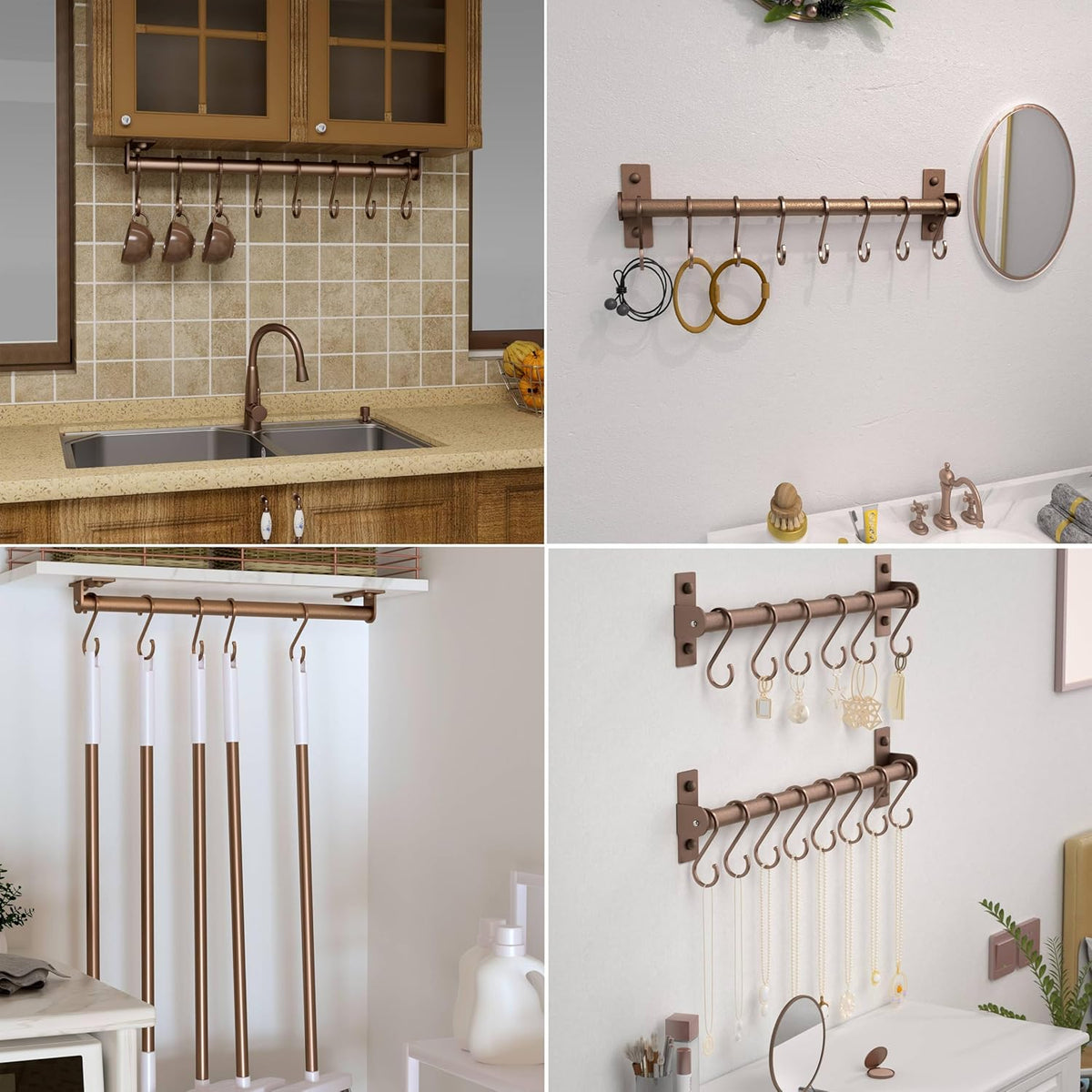 Dseap Kitchen Utensil Holder Hanger, Pot and Pan Rack Wall Mounted, Kitchen Rail with 8 Hooks for Hanging Cooking Utensils, Mugs, Spoons, Wall Mounted, Antique Copper