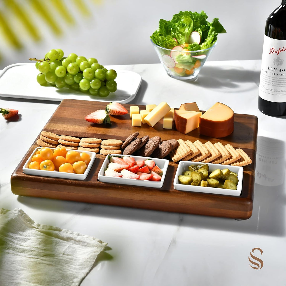 Shanik Large Acacia Wood Charcuterie Board Set with 3 Removable Ceramic Bowls & Serving Utensils - Housewarming, Wedding, Bridal Shower, Home and Kitchen, New Home Gift Ideas for Women, Gifts for Her