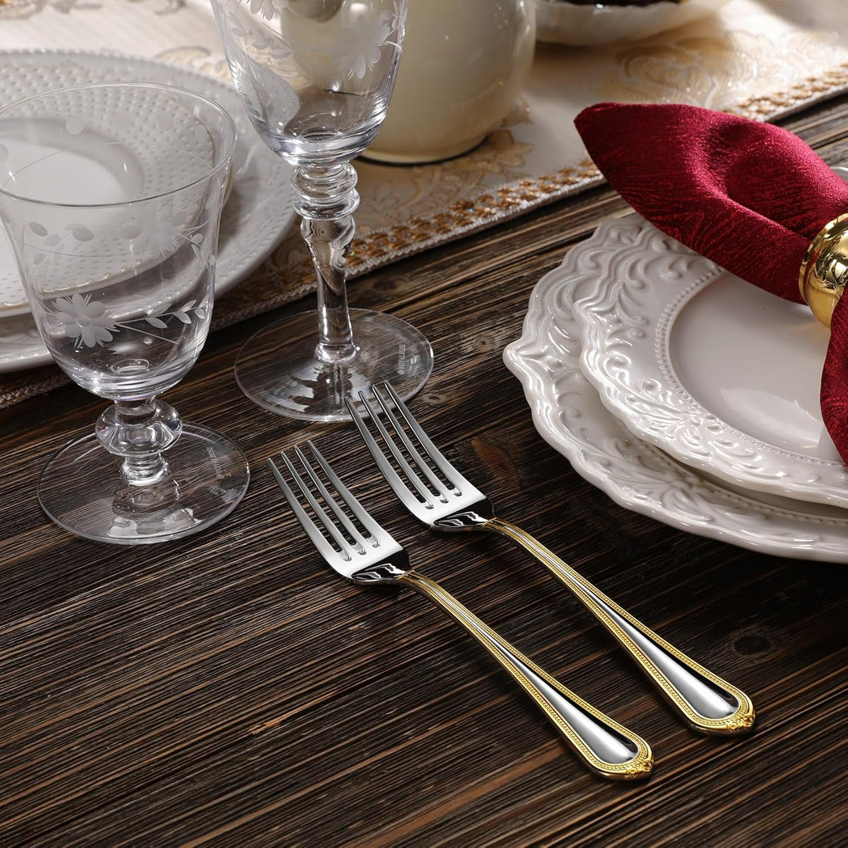 KEAWELL Pearl Edge Premium 20-Piece Refined Bead Silverware Set, 18/10 Stainless Steel, Service for 4, Fine Flatware Set, Dishwasher Safe (20, Gold Accent)