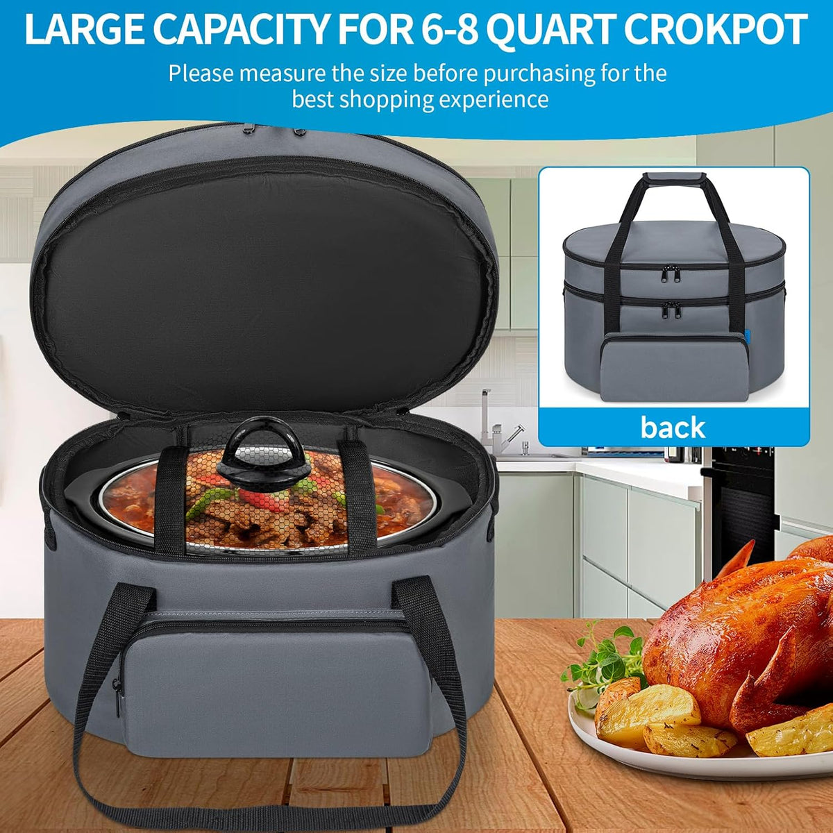 Double Layer Slow Cooker Travel Bag Compatible with 6, 7, 8 Quart Crock-Pot, Insulated Travel Carrier with Easy to Clean Lining, Grey