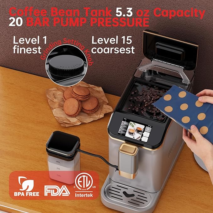 PioneerWorks Full Automatic Espresso Machine with Built-In Grinder & Milk Frother - FTF Touchscreen Coffee Maker for Latte/Cappuccino, 20 Bar Pressur & 1.5L Water Tank, 1350W, Gold