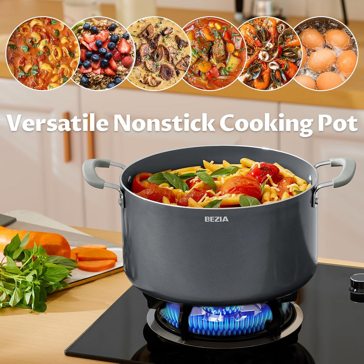 12 Quart Pot with Lid, BEZIA Ceramic Nonstick Stock Pot with Lid, Induction Ready, Large Cooking Pot with Silicone Handle, Compatible with All Cooktops, Dishwasher Safe