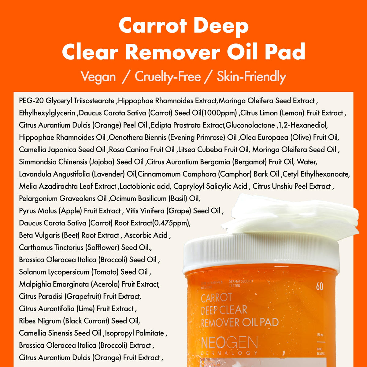 DERMALOGY by NEOGENLAB Carrot Deep Clear Remover Oil Pad (60 Pads) - Facial Oil Make Up Remover Cotton Pad for Sensitive Skin, Gently Removes Waterproof Makeup & Impurities, Alcohol-Free