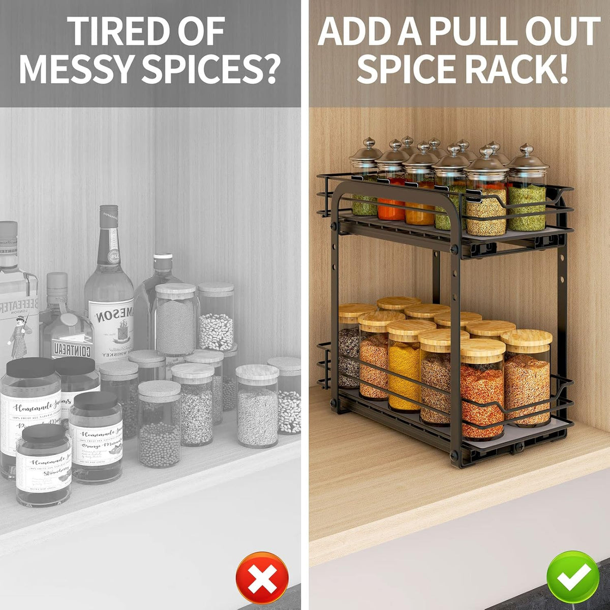 Spice Rack Organizer for Cabinet, 2 Tier Pull Out Spice Organizer for Cabinet Height Adjustable Heavy Duty Metal Basket for Inside Cabinets & Pantry Closet
