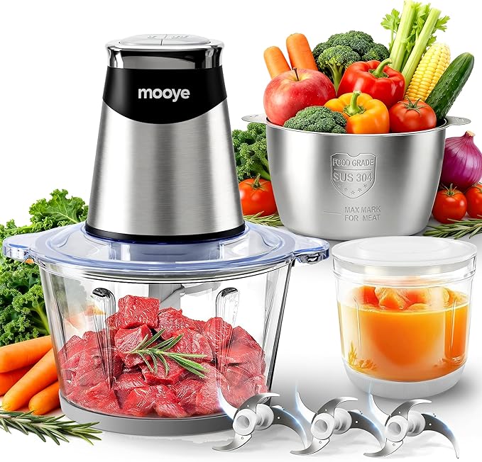 Food Processors Electric Food Chopper with Meat Grinder & Vegetable Chopper - 3 Bowls(8Cup+8Cup+3Cup) with Powerful Copper Motor - Includes 3 Sets of Bi-Level Blades for Fruits/Meat/Nuts