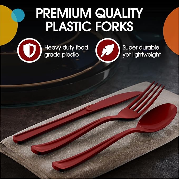 Party Solids Burgundy Plastic Silverware Heavy Duty 300 Pieces Burgundy Plastic Cutlery Sets, Utensil Sets, 100 Of Each Forks, Knives & Spoons Disposable Cutlery Set, Flatware Set For Party Supplies
