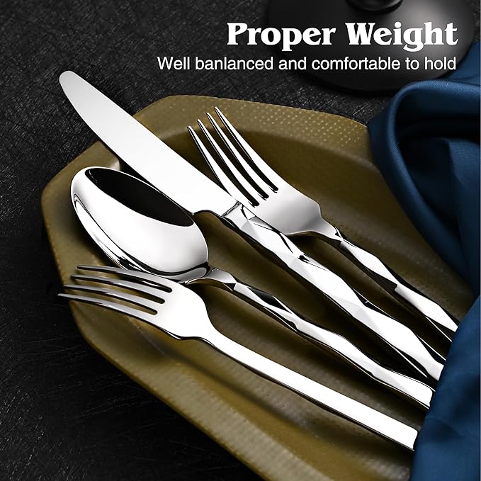 KINGSTONE Silverware Set, Luxury 20 Piece Flatware Set for 4, 18/10 Stainless Steel Cutlery Set with Diamond Cut Pattern for Kitchen, Home, Wedding, Party, Mirror Polished and Dishwasher Safe