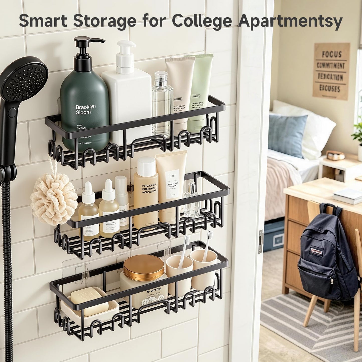Veken Shower Caddy 6-Pack, Bathroom Organizers and Storage Shelves, Black