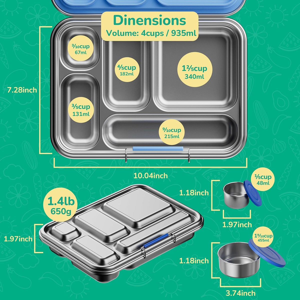 Stainless Steel Bento Box Kids, Kids Metal Bento Lunch Box BPA Free Lunch Box Containers 304 Stainless Steel Bento Box for School and Office(Bule)