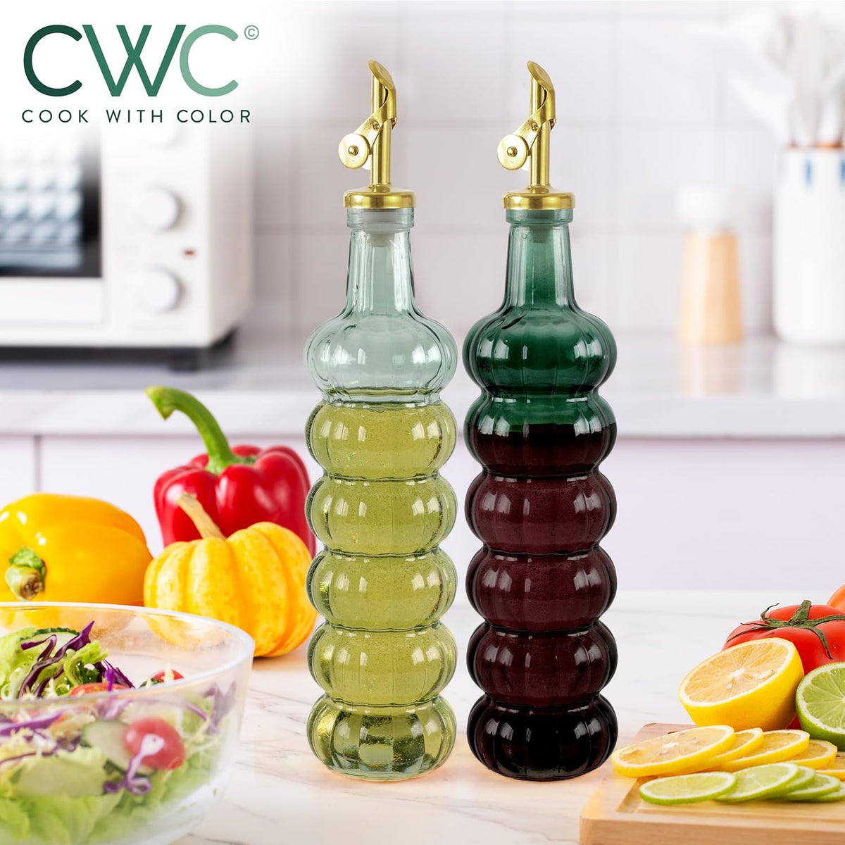 COOK WITH COLOR Glass Olive Oil Bottle Dispenser - 2 Pack- 17oz Oil and Vinegar Cruet - Olive Oil Carafe Decanter for Kitchen