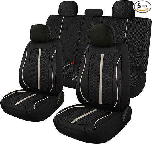 Breathable Premium Car Seat Covers Full Set，3D Air-Mesh Seat Covers for Cars，Comfortable Safety Airbag Compatible，Universal for Most Cars Sedan Truck SUV(Black/Beige)