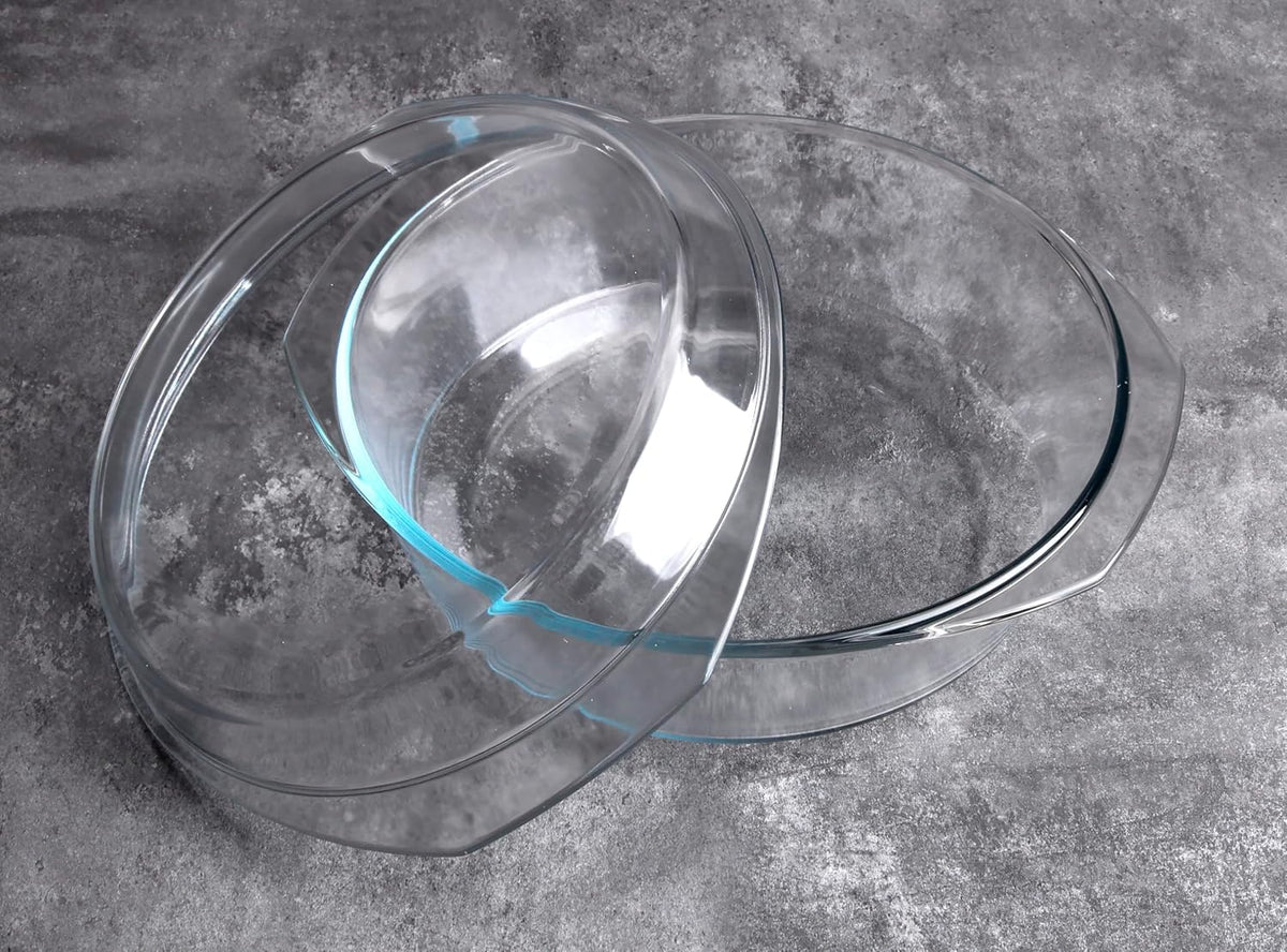 Round Tempered Glass Casserole Dish with Lid, Glass Casserole Baking Dish. Oven Freezer and Dishwasher Safe. - 4QT
