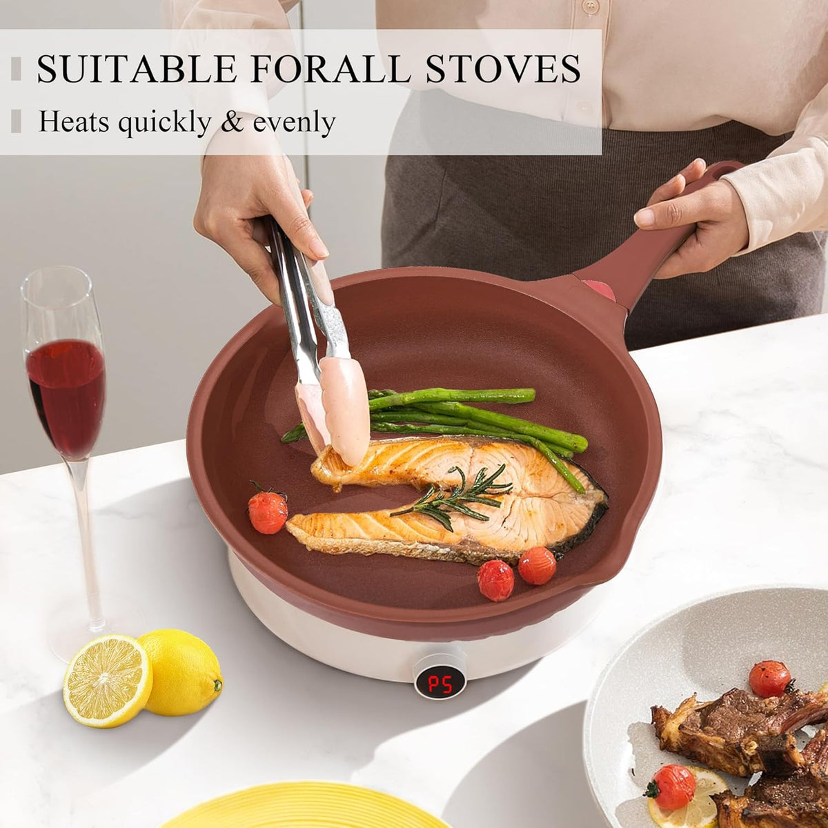 Vinchef Nonstick Toxin-Free Ceramic Cookware Deep Frying Pan Saute Pan with Lid, 12in/5.5Qt Fry Pan, German 3C+ Ceramic Coating Technology, Heat Indicator, Induction Compatible