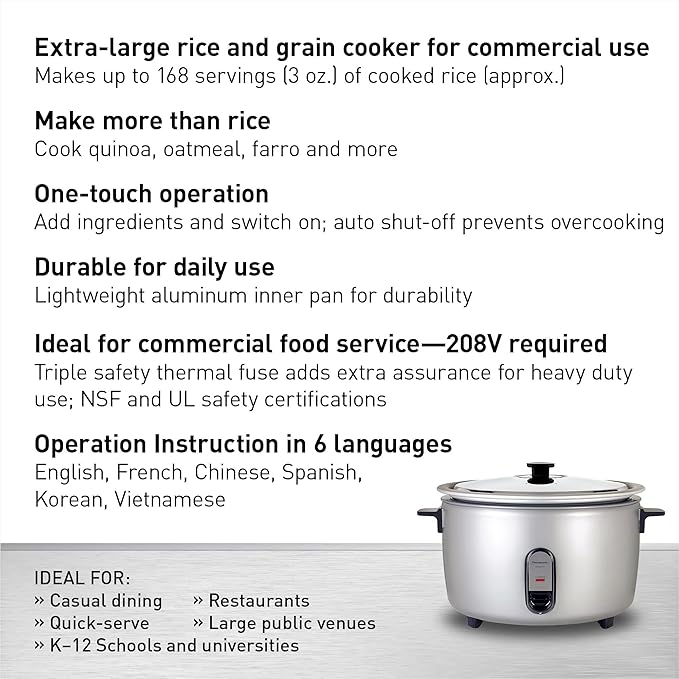 Panasonic Commercial Electric Rice Cooker, 208V Extra-Large Capacity 80-Cup (Cooked), 40-Cup (Uncooked) with One-Touch Operation - SR-GA721L - Silver
