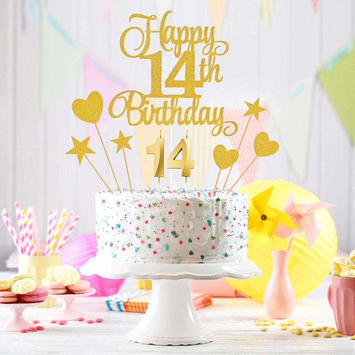 14th Birthday Cake Decorations, 14th Birthday Candles Cake Numeral Candles and Glitter Happy 14th Birthday Cake Toppers Set for Birthday Party Supplies (Gold)