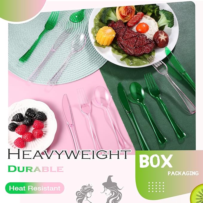 Minatee 150 Pieces Disposable Cutlery Set Plastic Silverware Heavy Duty Utensil Sets 50 Forks 50 Knives 50 Spoons for Home Office School Party Picnics Restaurant Outdoor Events (Pink,Green)