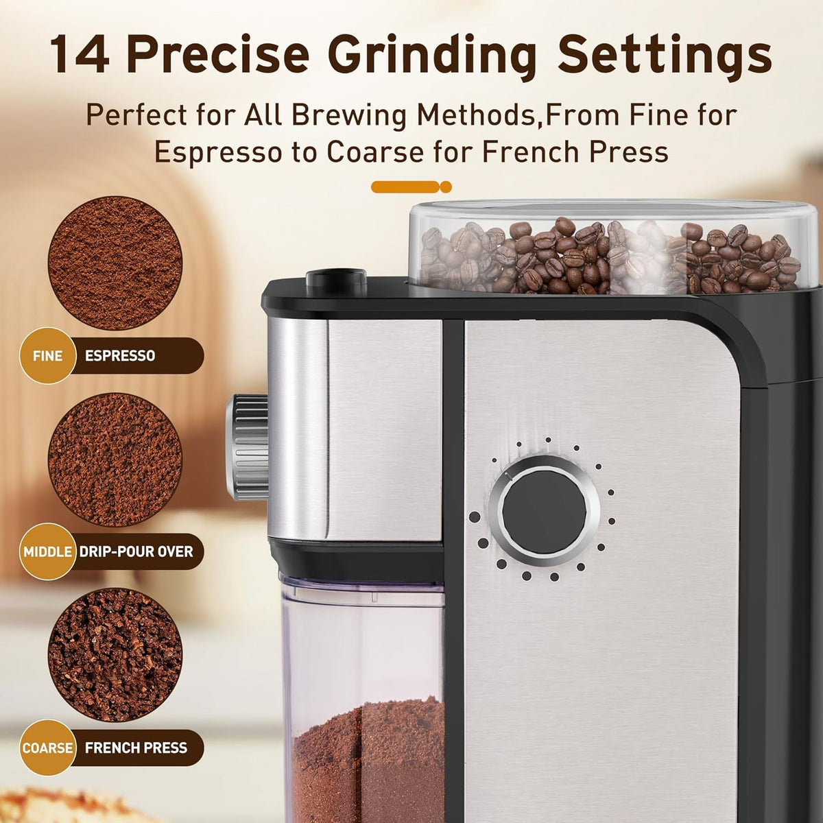 Coffee Grinder Electric Burr Coffee Bean Grinder for 2-12 Cups, Adjustable Burr Mill for 14 Grinding Settings, Stainless Steel