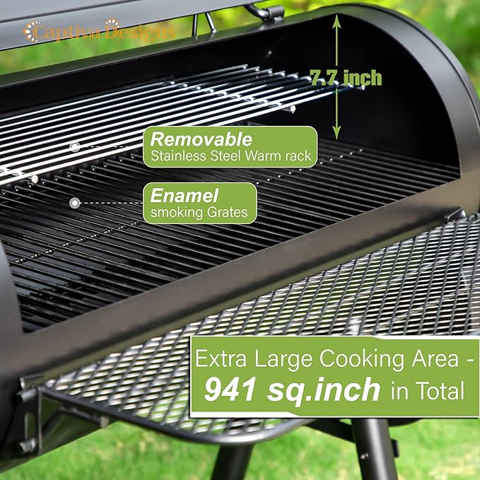 Captiva Designs Heavy Duty Outdoor Smoker,Extra Large Cooking Area(941 sq.in. in Total) Offset Smoker, Best Charcoal Smoker and Grill Combo for Outdoor Garden Patio and Backyard Cooking