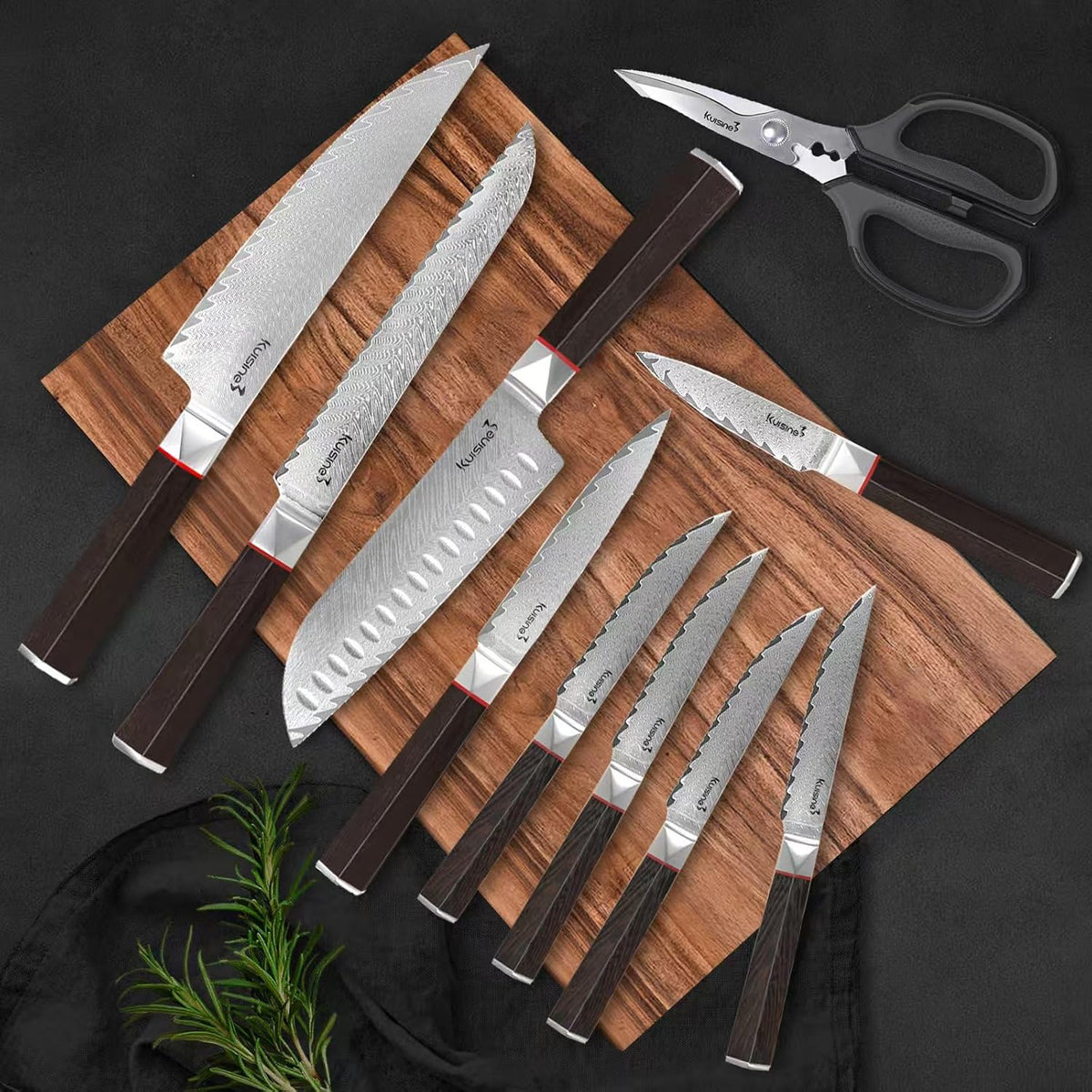Kuisine Kitchen Knife Set,Damascus Steel Ultra Sharp, Ergonomic Non-slip Wood Handle, Chef Knife Block Set with Built-in Sharpener,Luxury Gift for Holiday(Silver, 12PCS)