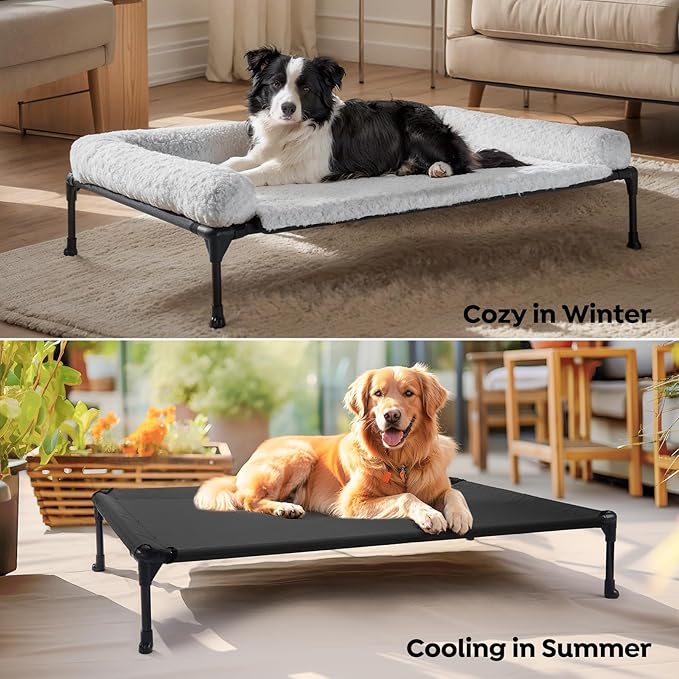Veehoo Cooling Elevated Dog Bed Add Removable Deluxe Rose Plush Bolster Cushion Mat, 41" x 27" Washable Dog Couch Bed, Raised Pet Cot with Breathable Teslin Mesh, No-Slip Feet, Grey, CWC2439B