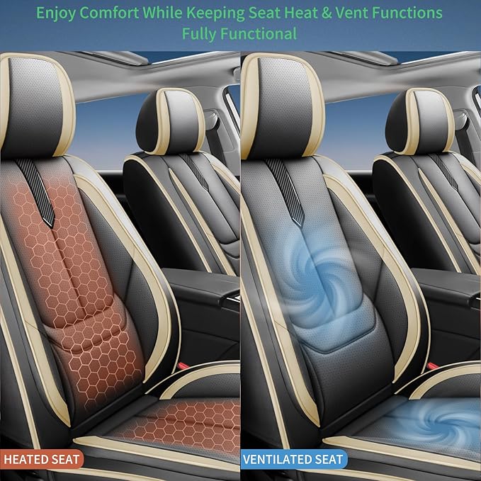 Fit Equus Car Seat Covers for Hyundai Equus 2011-2014 2015 -Upgraded Premium Waterproof & Breathable Leather,Airbag Compatible,All-Weather Seat Cushion Protector,2 Front/Black-Beige