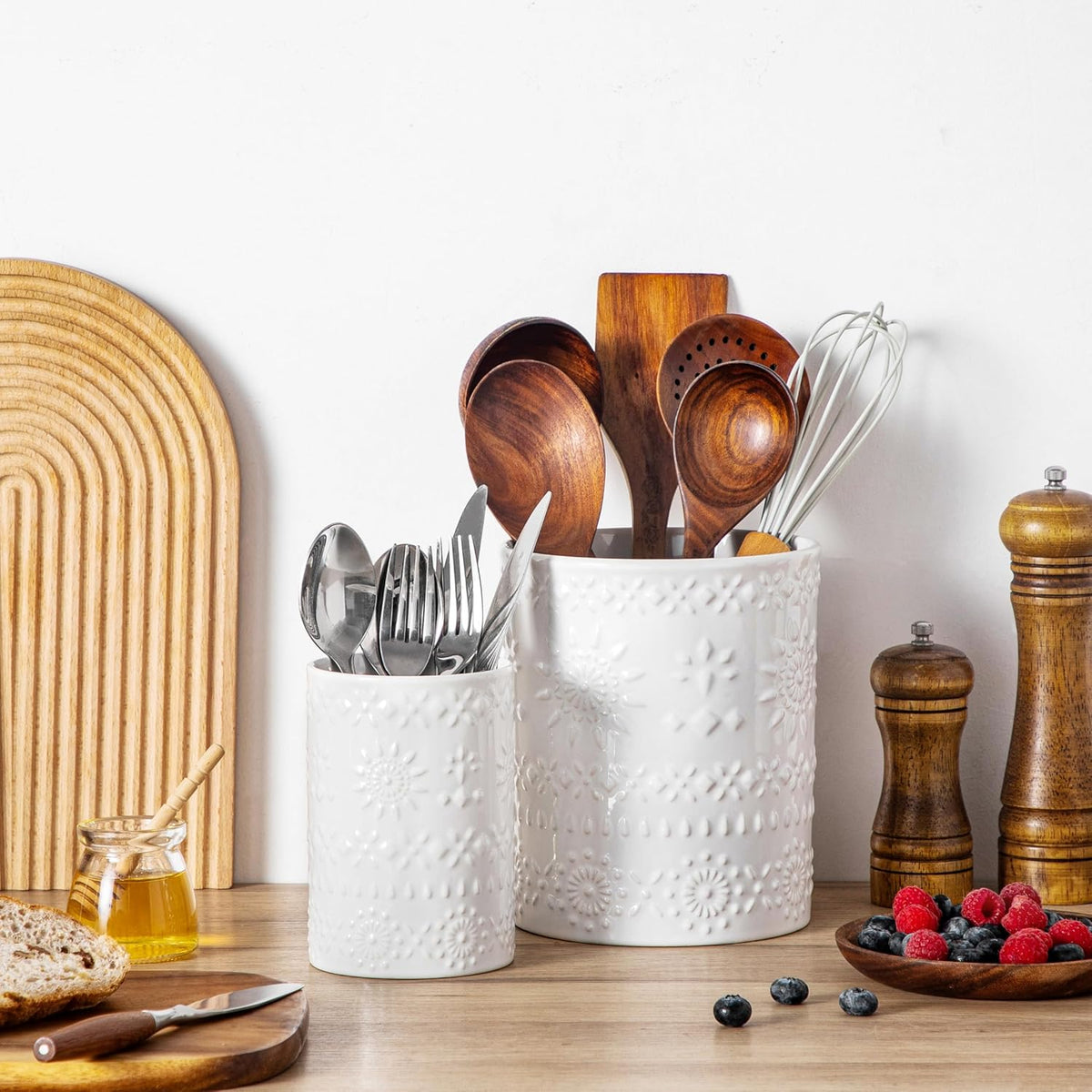 LOVECASA Utensil Holder, 7.2"+5.4" Ceramic Utensil Holder for Countertop, Large Cooking Utensil Crocks for Kitchen Counter, Farmhouse Utensil Vase for Housewarming, Kitchen Decor, Set of 2, Snow