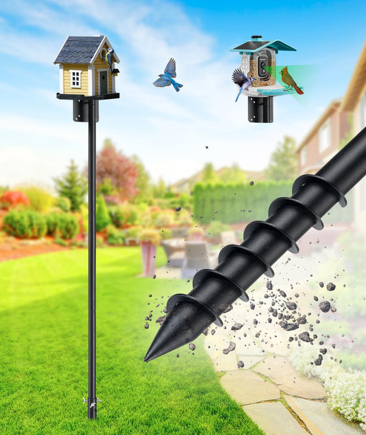 Heavy Duty Bird Feeder Pole - 109 Inch Adjustable 1 Inch Metal Bird House Pole with 14” Deep Auger Base | Outdoor Mount Kit for Bluebird Houses, Hummingbird Feeders, Smart Bird Feeder with Camera