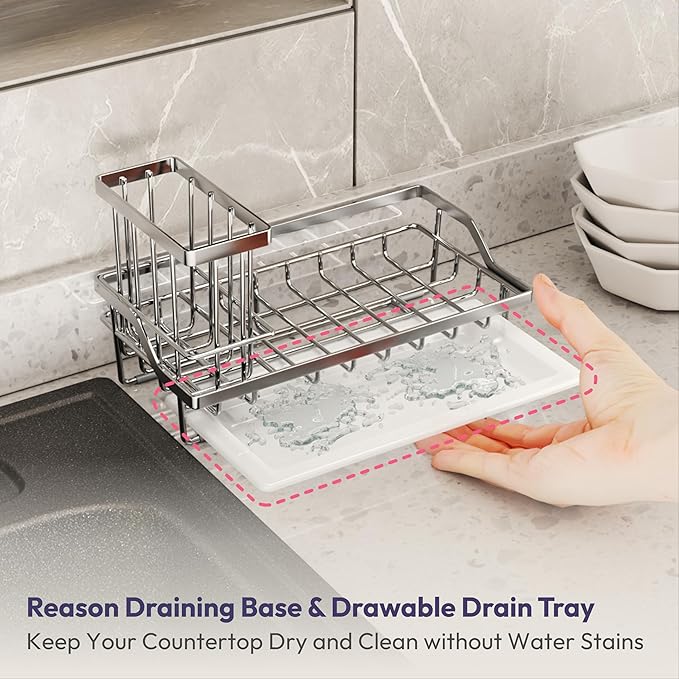 SWTYMIKI Multifunctional Kitchen Sink Caddy - Large Sponge Holder for Kitchen Sink with Removable Brush Holder + Drip Tray, Silver