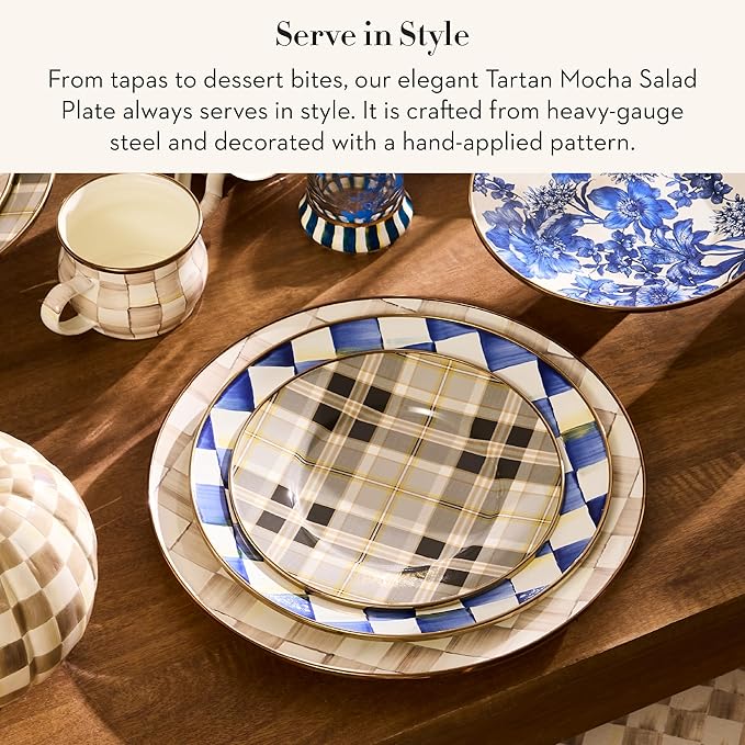 MACKENZIE-CHILDS Enamel Salad and Dessert Plate, Small Plate for a Dessert or Appetizer Dish, 8 Inches, Brown-and-White Tartan Mocha