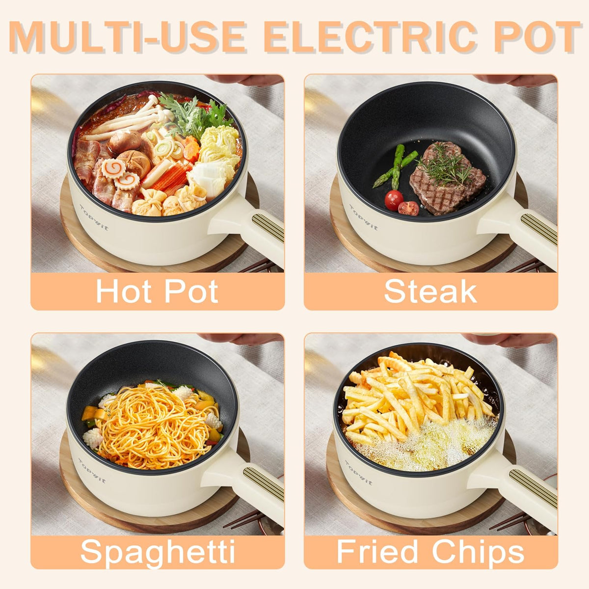TOPWIT Hot Pot Electric with Steamer, 2L Multifunctional Electric Pot, Non-Stick Sauté Pan, Portable Pot for Steak, Fried Rice, Ramen, Soup with Dual Power Control (Silicone Spatula Included), Beige