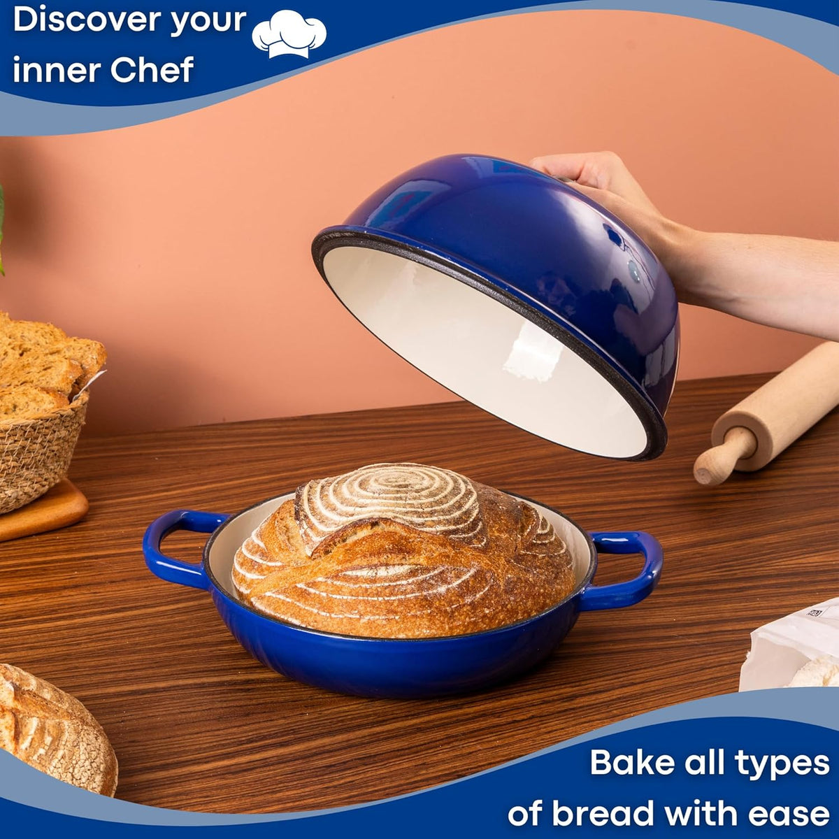 Enamelled Cast Iron Dutch Oven Pot – Dutch Oven For Sourdough Bread Baking – Cast Iron Bread Pot – Dark Blue, 6 Quarts, 22cm – by Nuovva