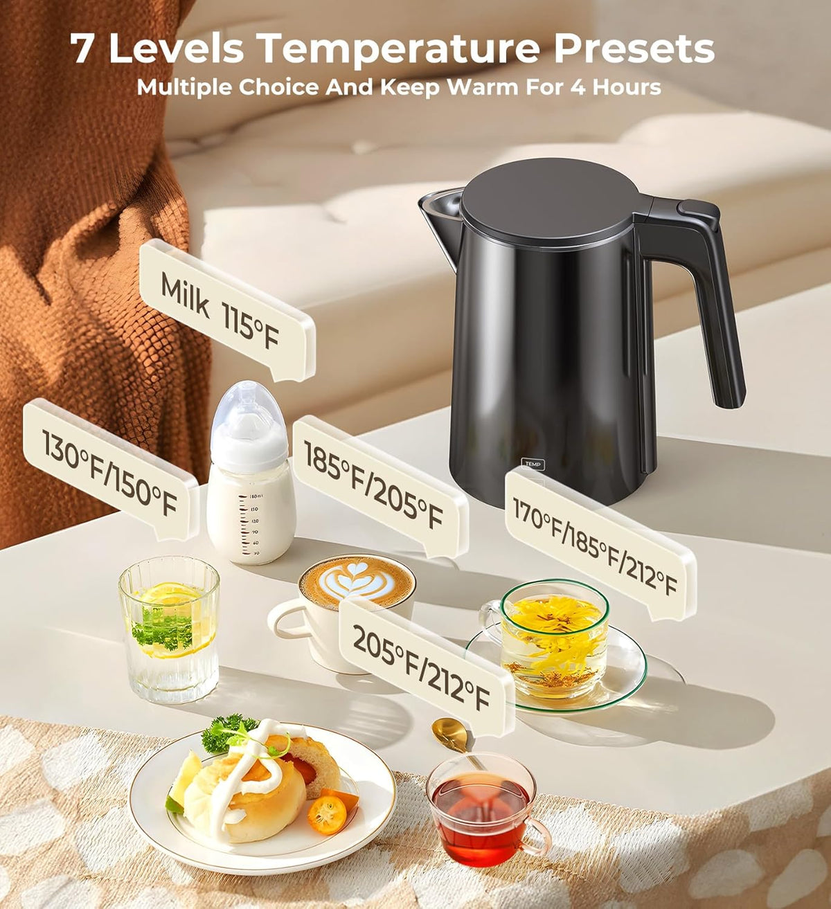 Electric Kettle, Double Wall Stainless Steel Cool Touch Water Boiler Heater, 7 Temperature Control Teapot, 4H Keep Warm, 1.0L 1200W Fast Heat with Auto Shut-Off, Boil-Dry Proof Coffee Tea Pot, Black