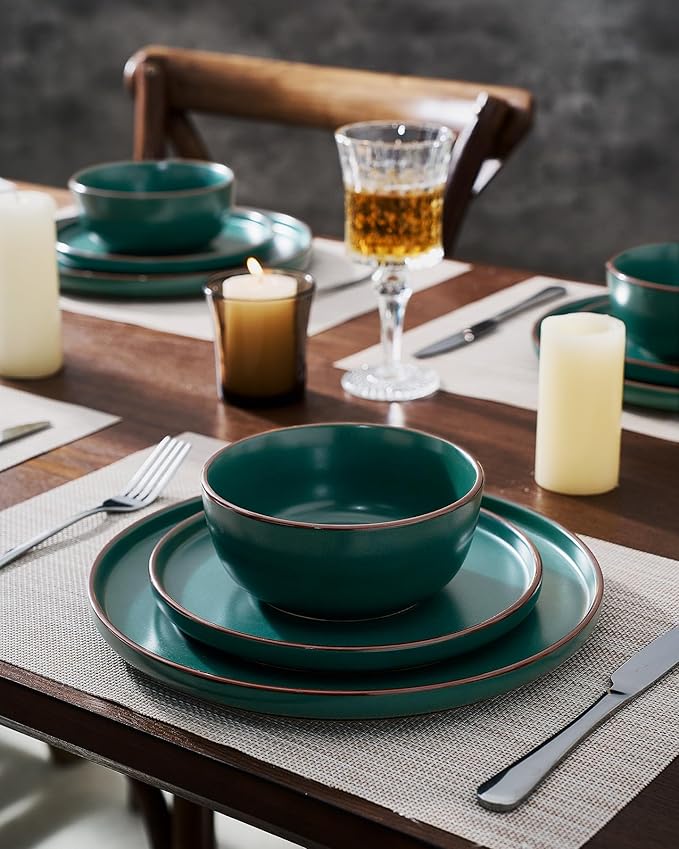 Famiware Mercury Plates and Bowls Sets, 12 Pieces Stoneware Dinnerware Sets, Dishes Set for 4, Microwave and Dishwasher Safe, Dark Green